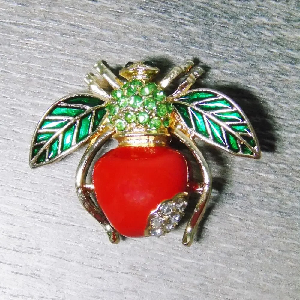 Joan Rivers Apple Bee Brooch Pin Green Crystal Rhinestones Red Enamel Fruit Vtg